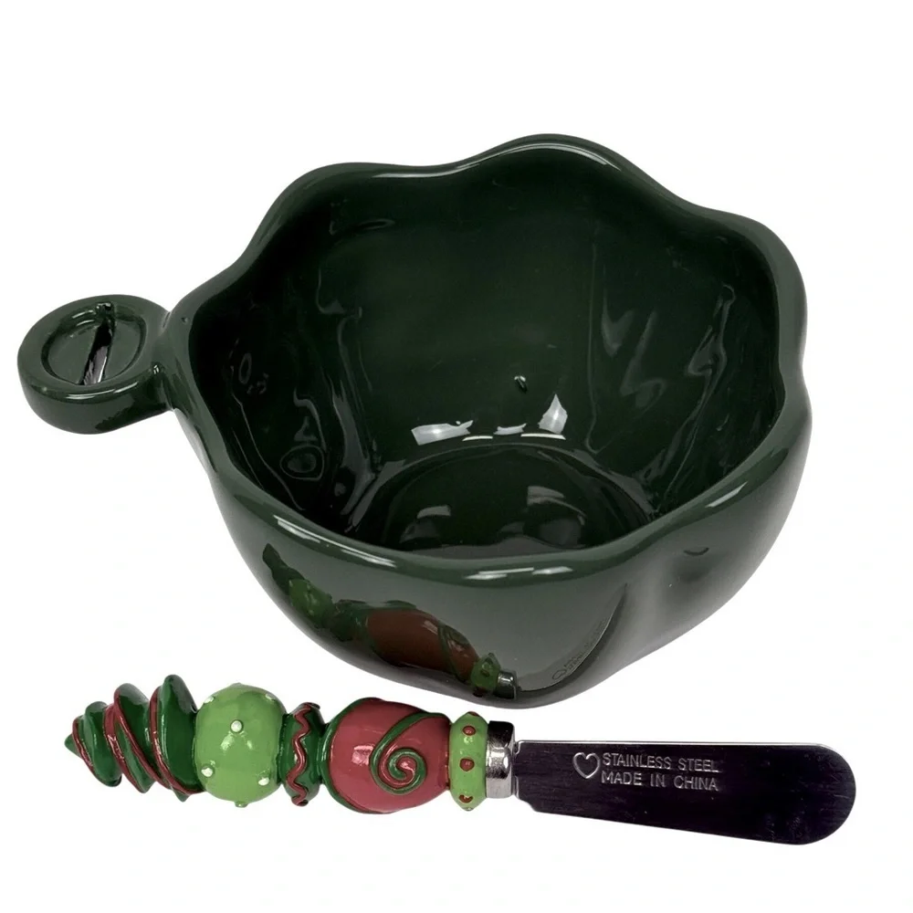 GANZ Bella Casa Green Festive Ceramic Bowl with SS Spreader EUC